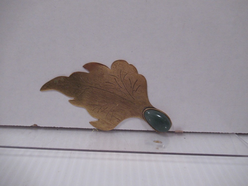 Solid Brass Etched Leaf with Green Stone Metal BOOKMARK