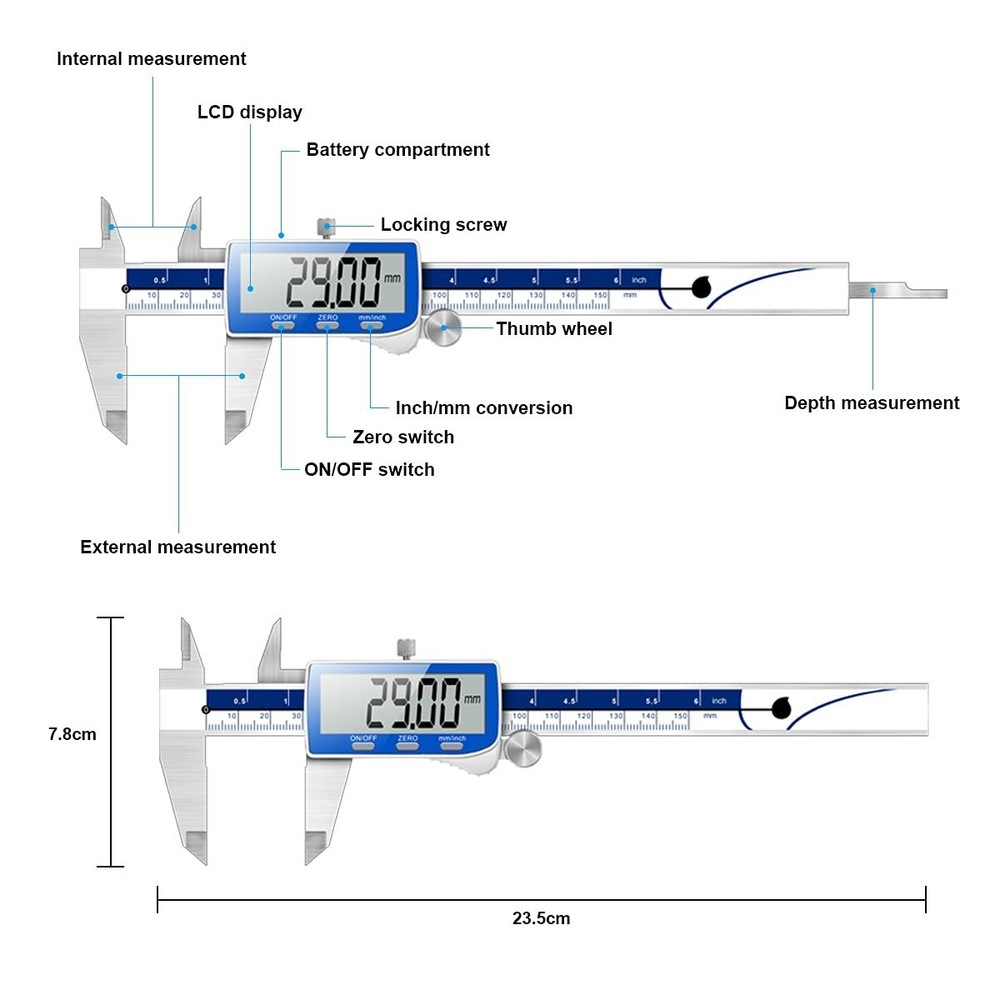 Robust Waterproof Digital Caliper, 6 Inch Range & High-Resolution Measurement