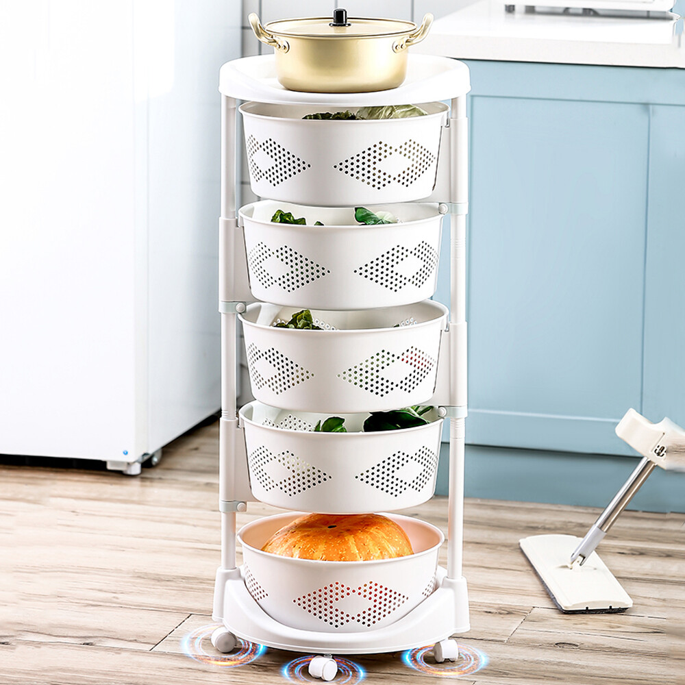 5 Layer Kitchen Rotating Organizer Rack Fruit Vegetable Storage Basket w/ Wheels