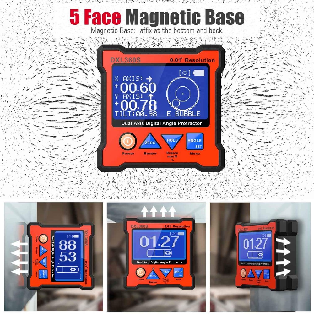 Digital Angle Protractor Dual Axis 2 in 1 0.01° Resolution Five Face Magnetic