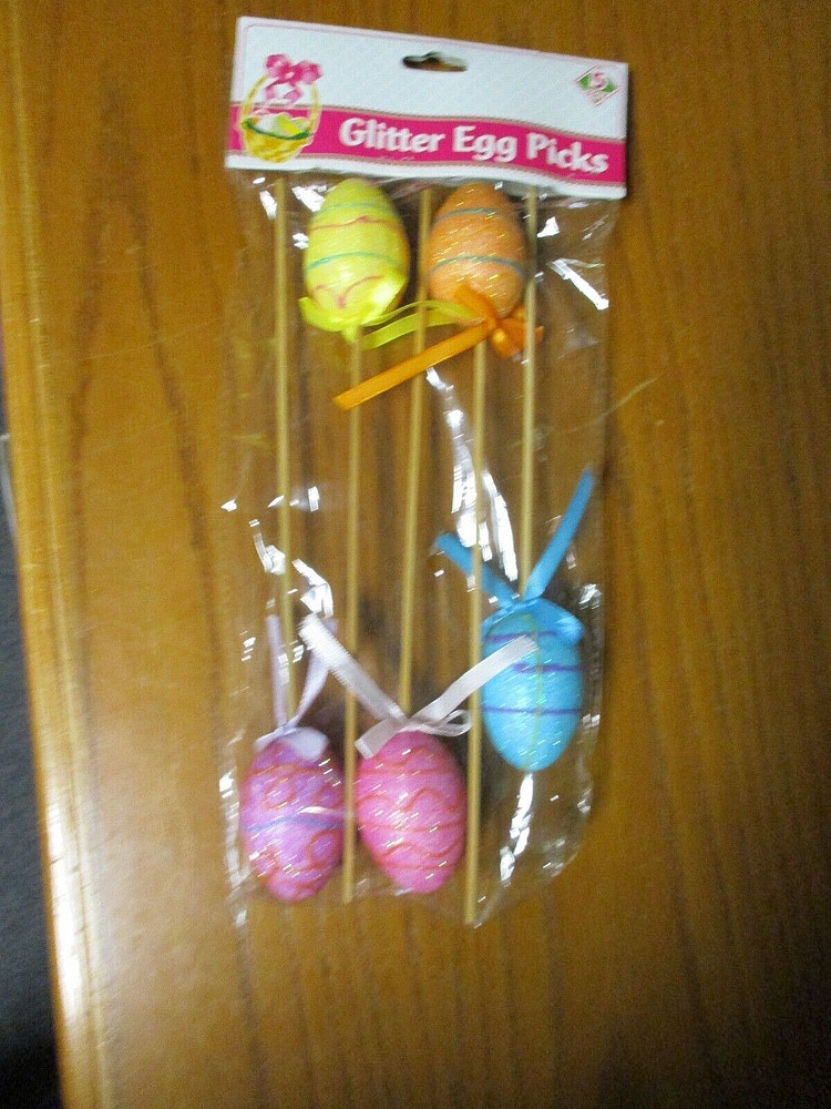 5 Easter Glitter Egg Picks Decor- 11" - Pink, Yellow, Orange, Blue - NIP