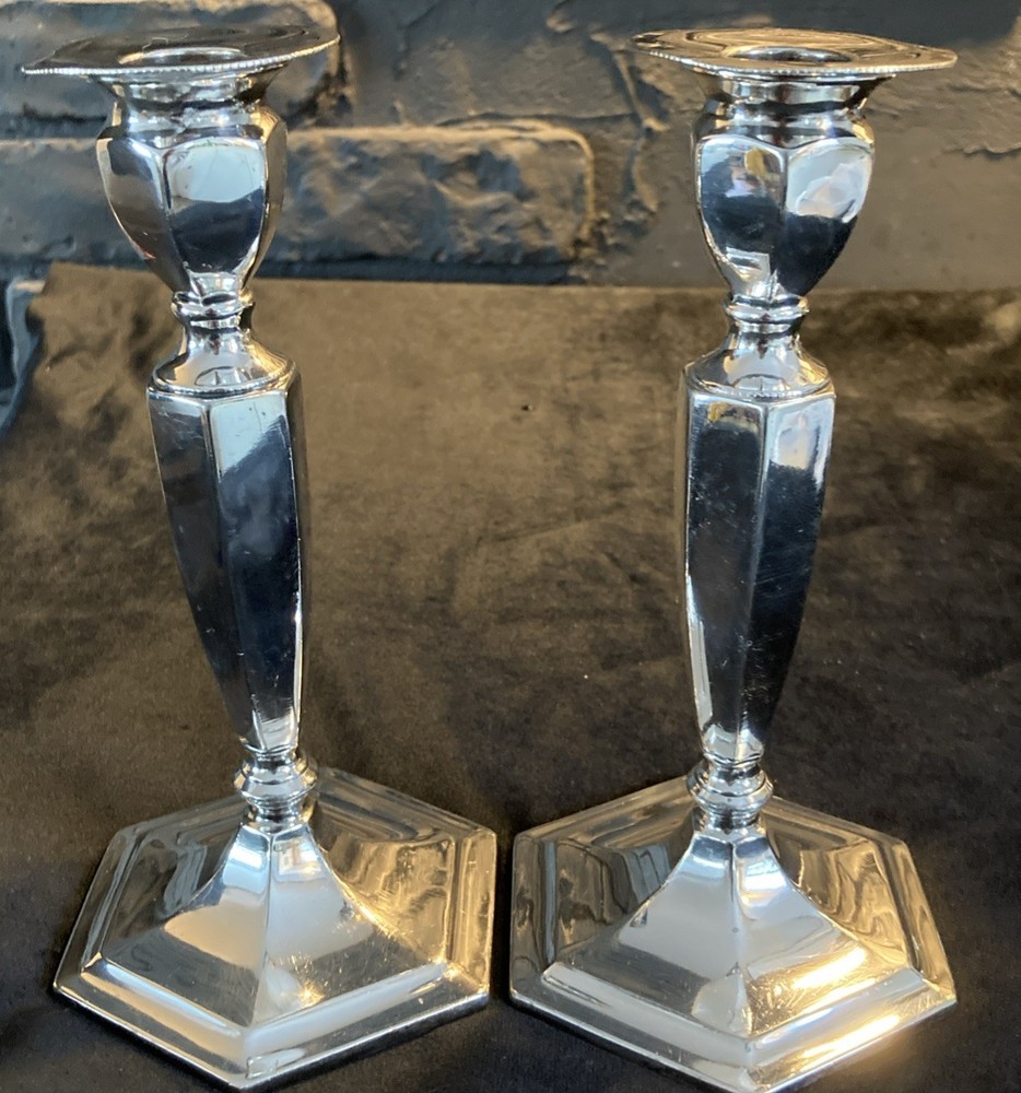 Homan Silverplate Candlesticks Candle Holders Hexagonal Base Model 1161