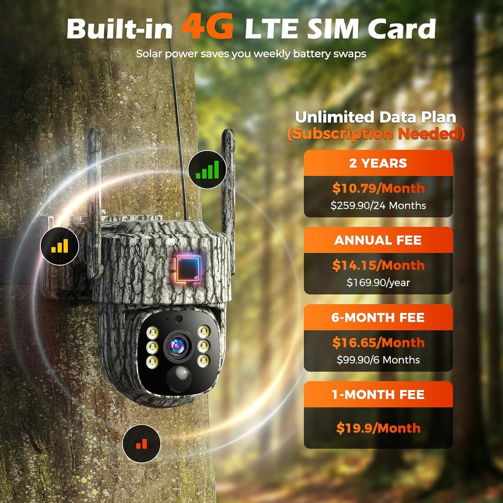 4G LTE Cellular Trail Camera, 360° Live Streaming Solar Game Camera 2.5K SIM Ca