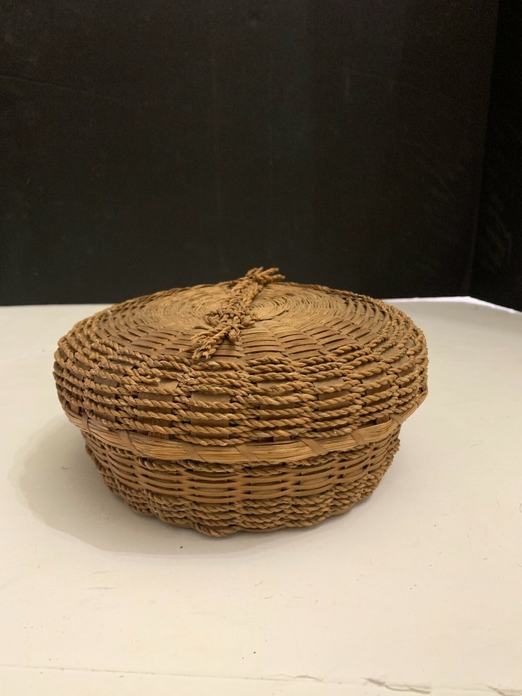 Vintage Round Woven Wicker Covered Sewing Box