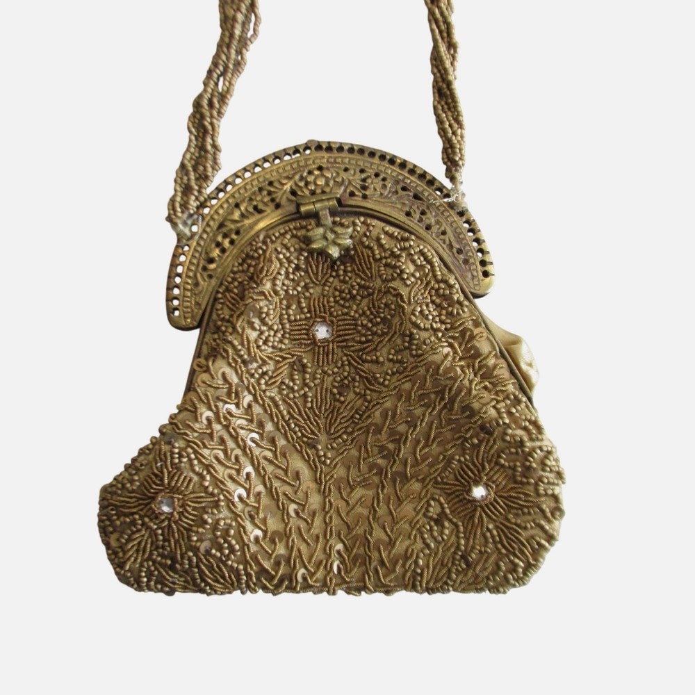 Antique Beaded Purse Gold Beaded Bag Silk Lining Brass Frame