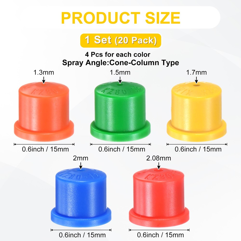 20-Pack Plastic Hollow Cone Nozzle Tips [Multicolor, 1.5/1.3/2.08/2/1.7mm Pore]
