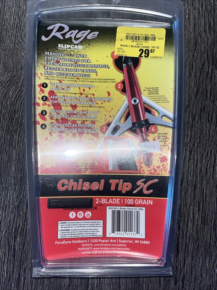 ONE Rage Slipcam CHISEL TIP SC 2"+ cut mechanical 2 blade broadheads 100 grain