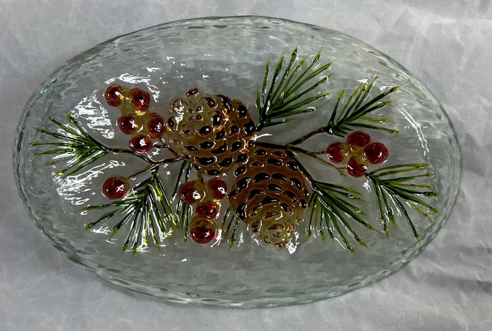 Oval Glass Platter Pinecone Design