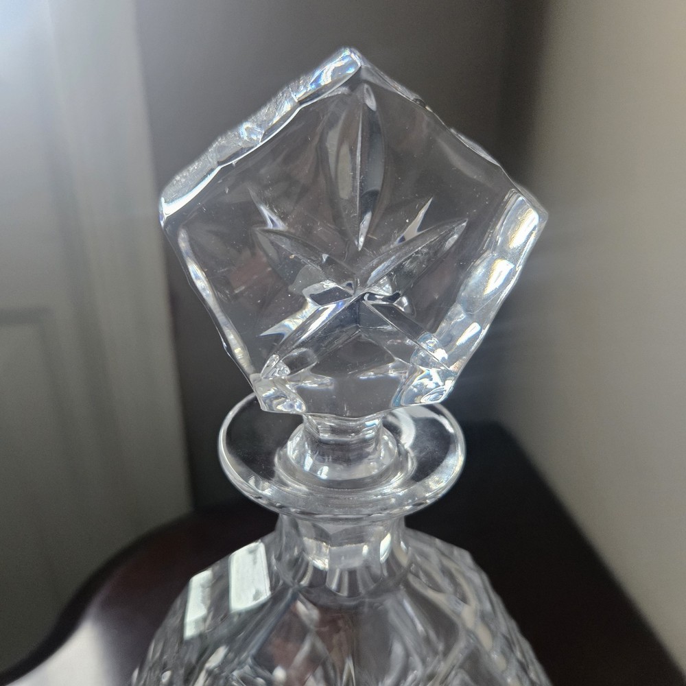 Vintage Block Cut Crystal Triangular Decanter & Stopper Olympic Pattern Heavy