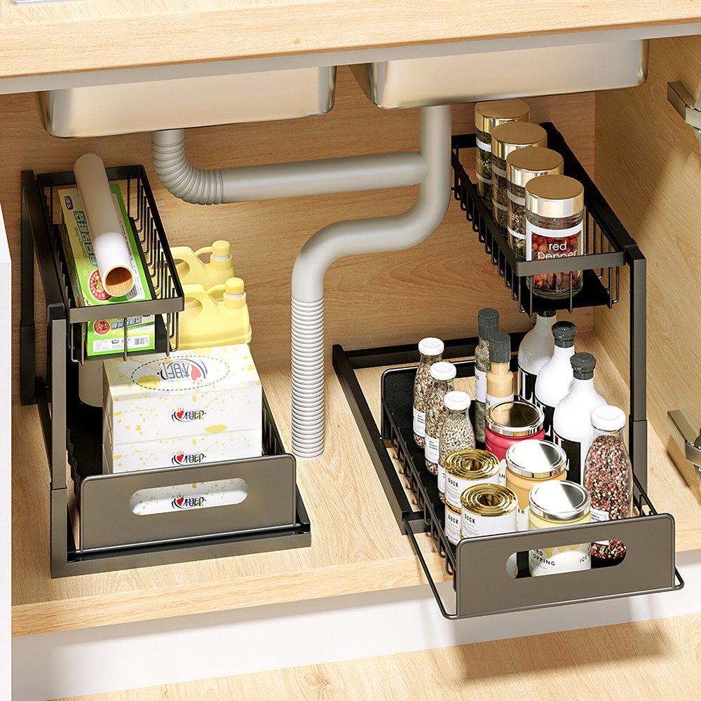2 Tier Under Sink Organizer Sliding Storage Drawer for Kitchen Bathroom Cabinet