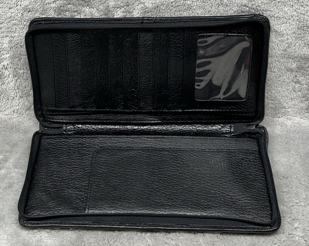 Black Leather Travel Wallet Organizer Zippered Document Holder