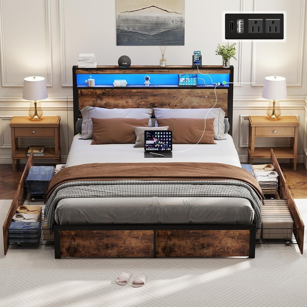 King Queen Full 4 Drawers Platform Bed Frame with LED Light, Charging Station