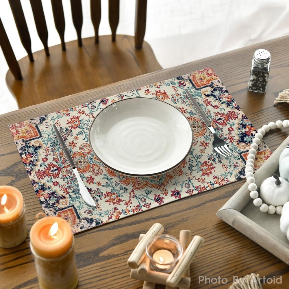 Artoid Mode Boho Placemats Set of 4, 12" x 18", Rectangular 4 Pcs, Orange