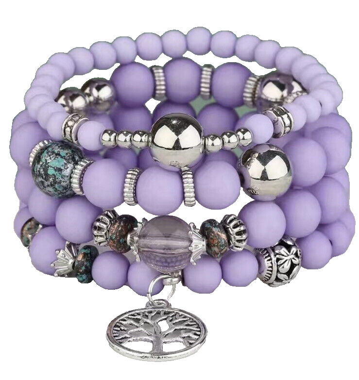 4 PC Handmade Boho Beaded Stackable 6.5” Plus Stretch Bracelet Set New A3864