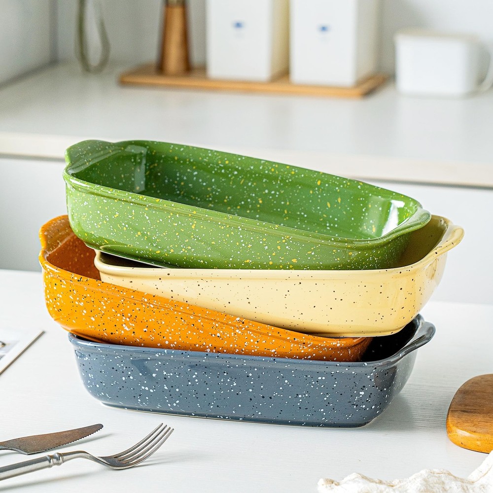 Ceramic Bakeware Dish Set of 3, Rectangular Baking Casserole for Oven,High He...