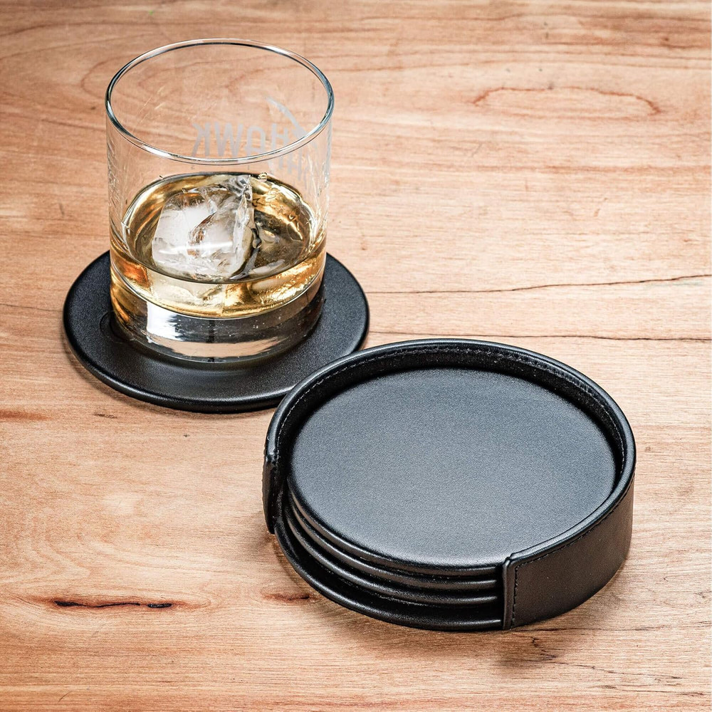 Black Leather 4-Round Coaster Set