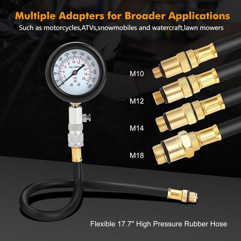 Precision Petrol Engine Compression Tester - 8pc Kit with Adapters Included