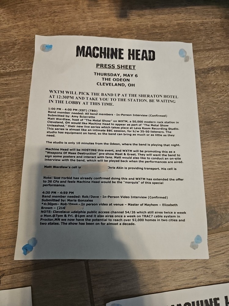 Machine Head Set List Press Sheet 2004 Cleveland May 6th Rare Original Weapons