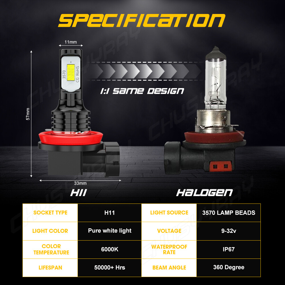 H11 Led Headlight Super Bright Bulbs Kit White 6000K Low Beam 2-PACK