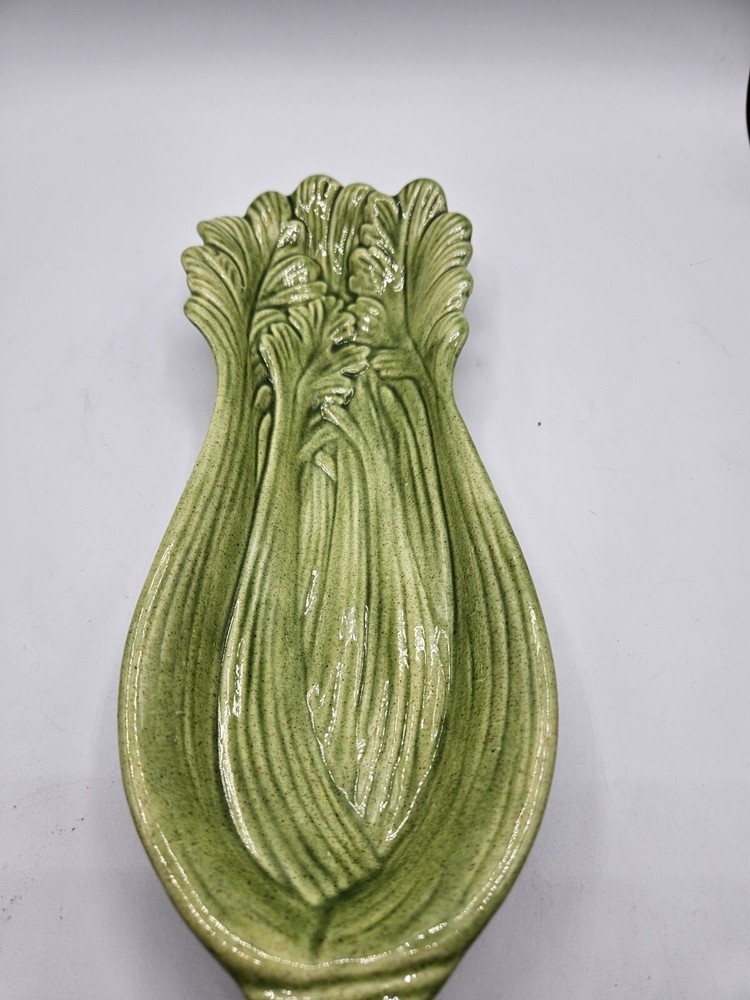 VTG. Hand Made Pottery Celery Dish Green