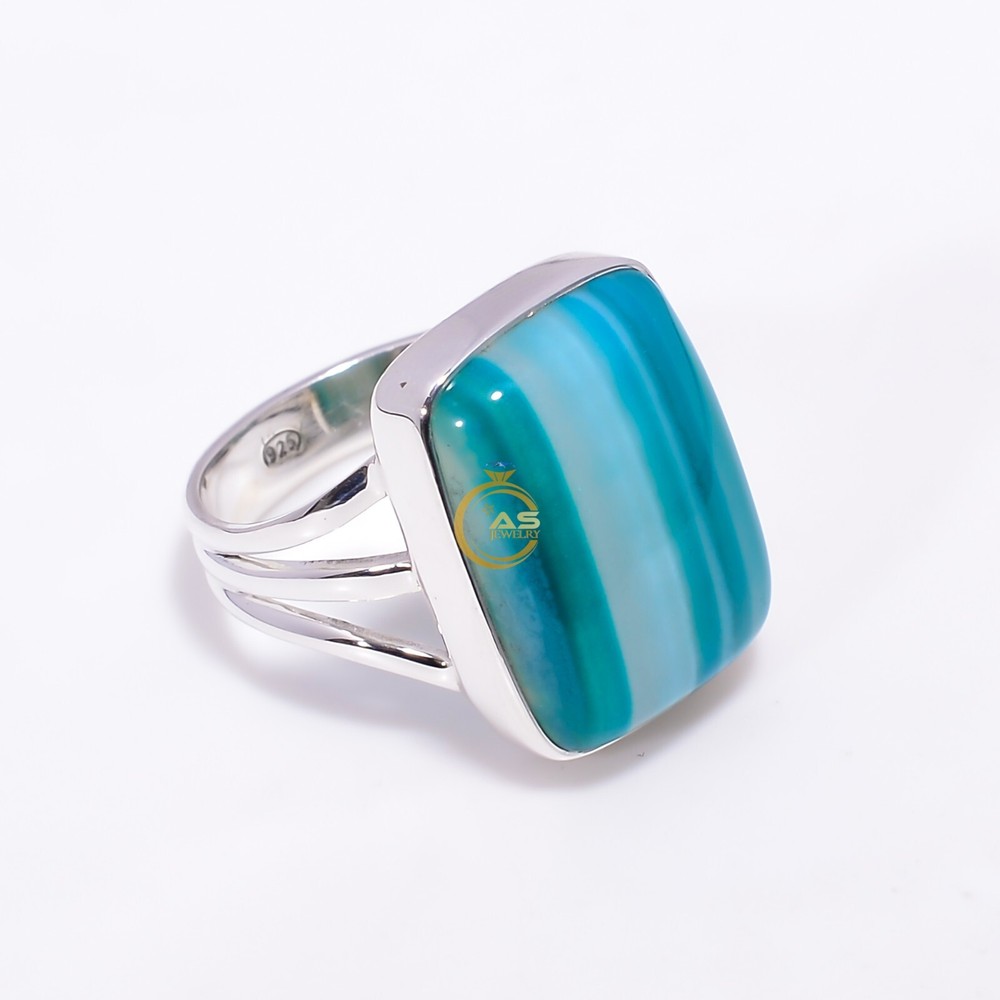 Blue Banded Agate Ring Blue Stone Ring 925 Sterling Silver Statement Boho Rings