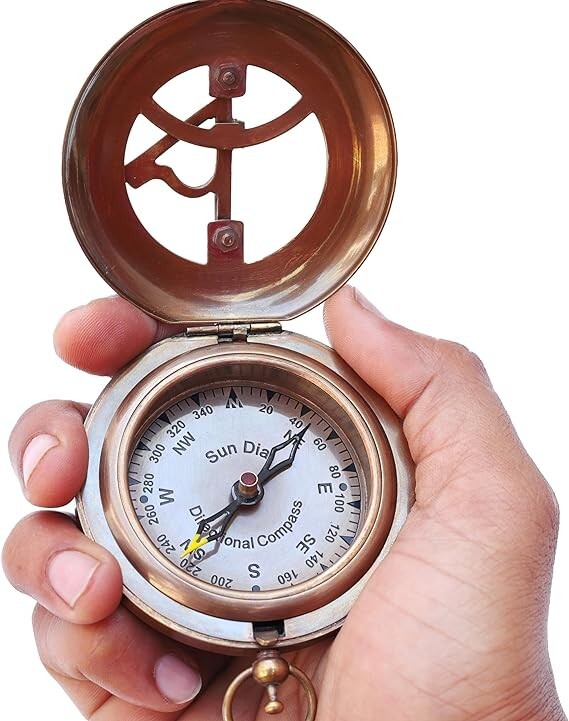 Compass Push Open Brass Sundial Compass - SteampunK with Leather Case and Chain
