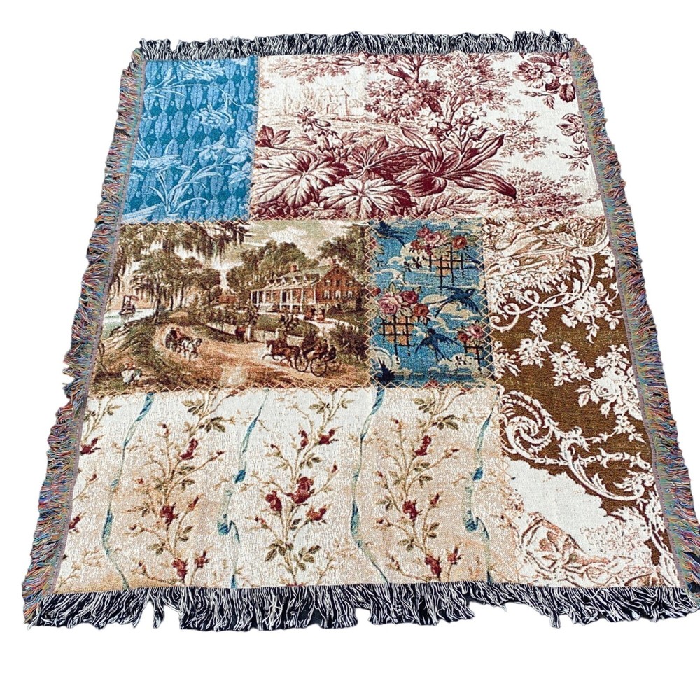 Colonial Patchwork Floral Wallpaper Collage Tapestry Afghan Throw