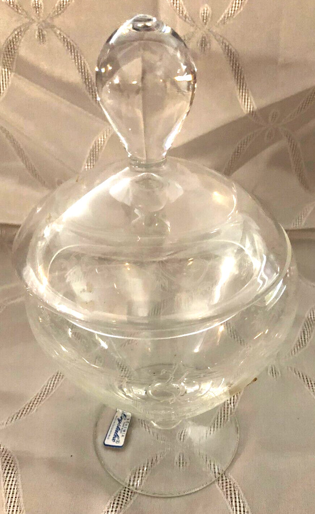 Crystalex Handmade Bohemia~Covered Compote with White Etching~9" Tall