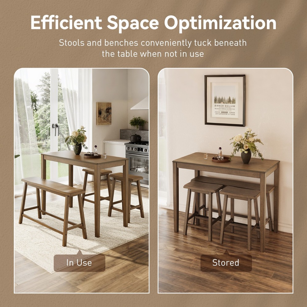 Farmhouse Dining Table Set for 4 with Bench 2 Chairs Counter Height Solid Wood