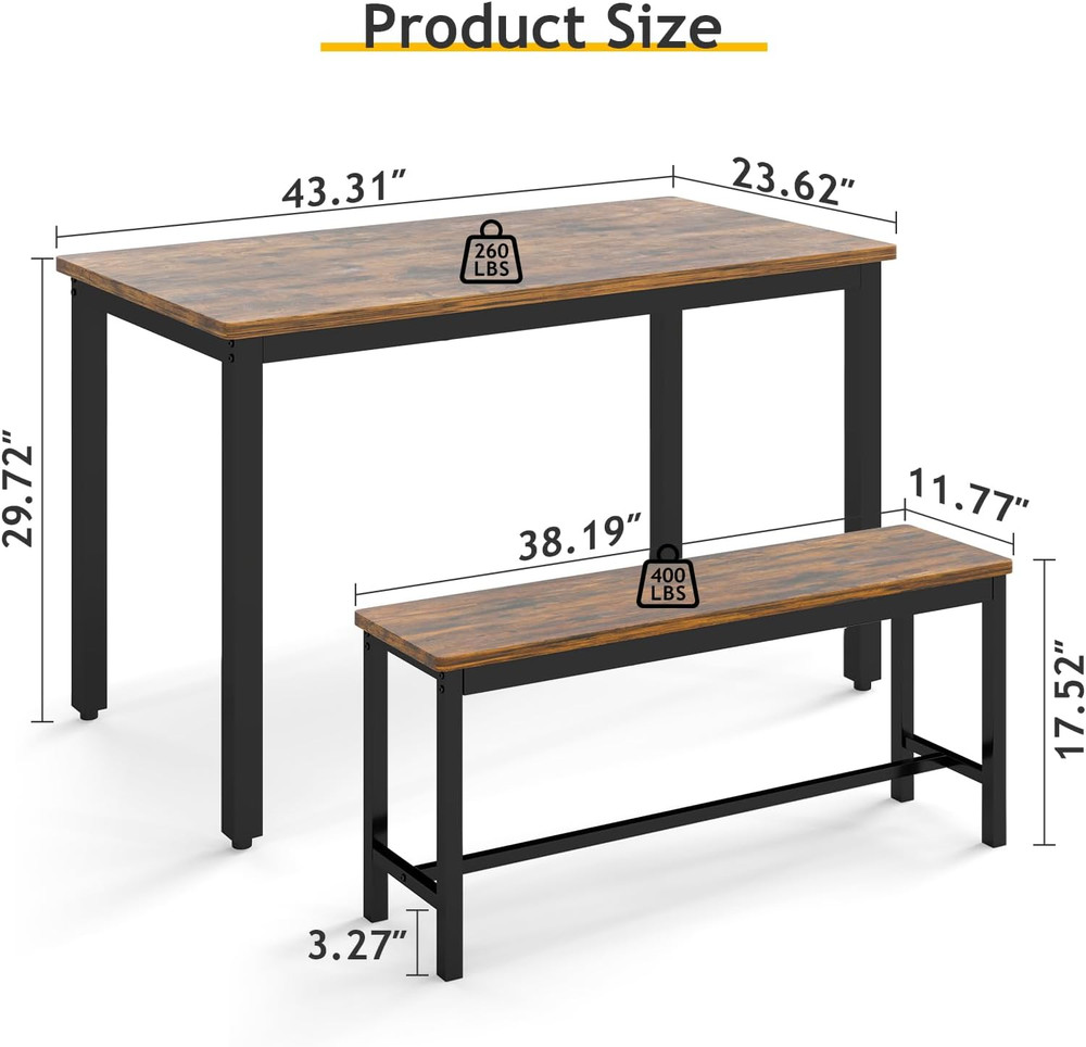 43" Dining Table Set for 4, Modern Space Saving Kitchen Breakfast Table with Ben