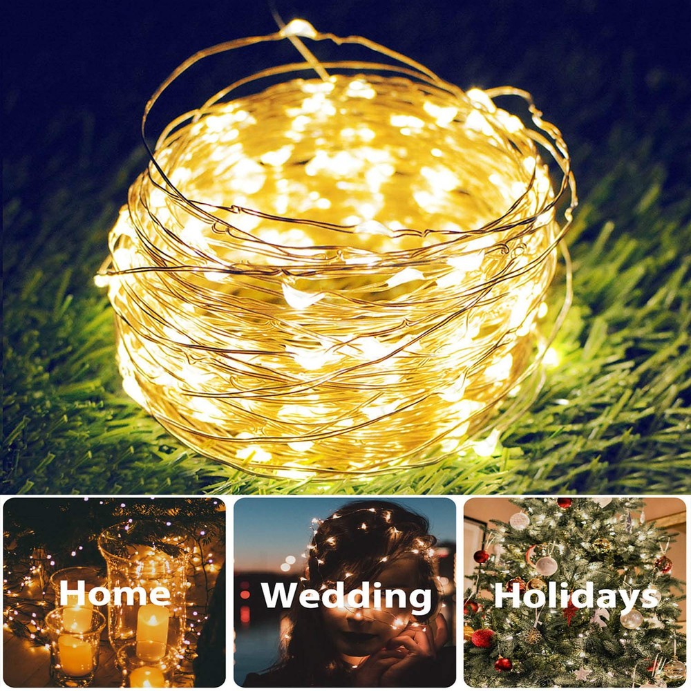 2 Pack Total 200 LED 66FT Solar Powered Copper Wire String 2 Pack, Warm White