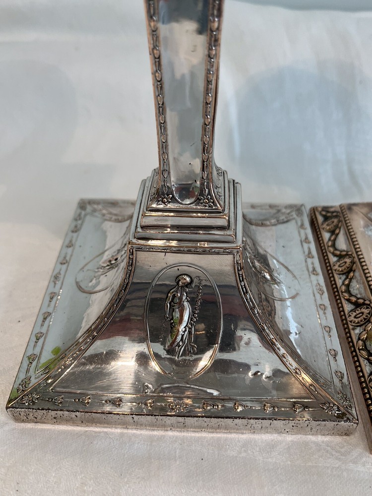 2 Early 19thc Antique Silver Plated Classical Themed Candlesticks