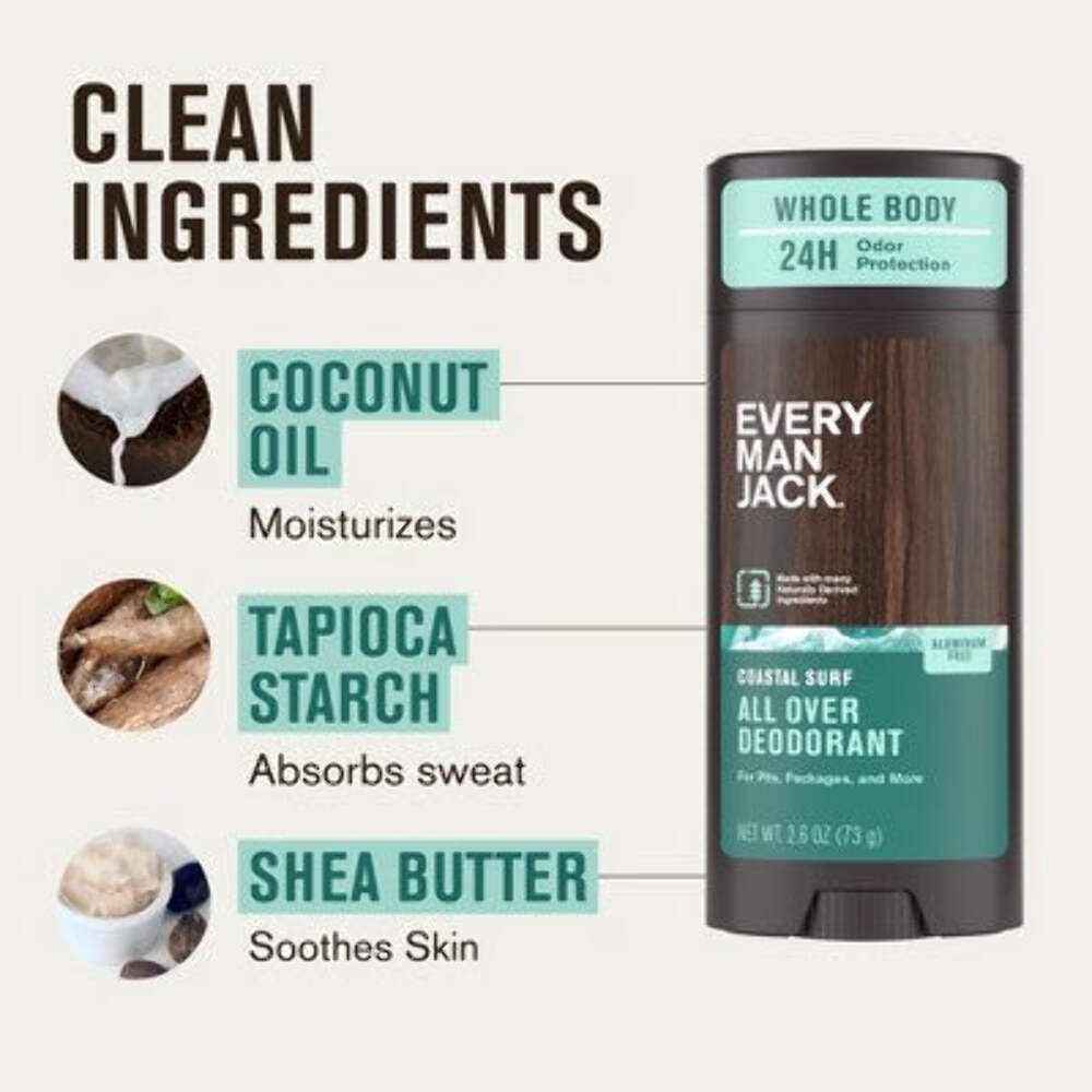 Every Man Jack All Over Solid Deodorant Coastal Surf 2.6oz - New