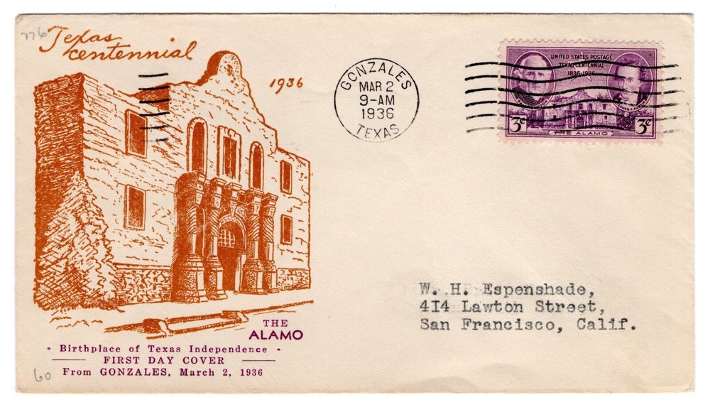 #776 Texas Centennial 1936 FDC - Planty #65 Espenshade