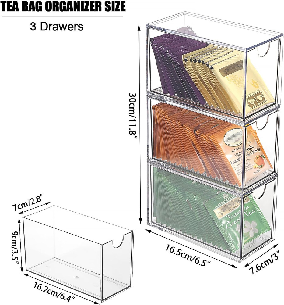 3 Drawers Tea Bag Organizer, Clear Acrylic Stackable Tea Bag Storage Holder for