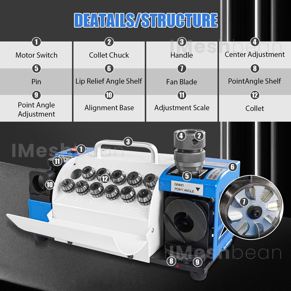 3-13mm Drill Bits Sharpener 95°-135° Bits Grinder Sharpener w/11 Collets 2 Wheel