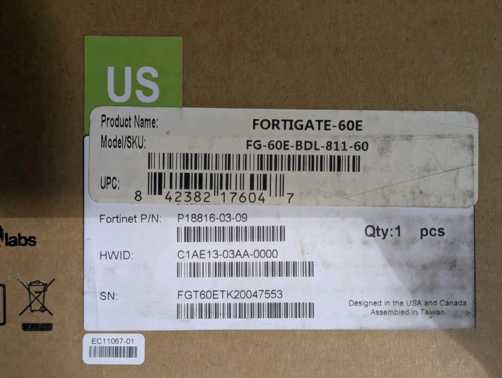 Fortinet Fortigate-60E Network Security Firewall Initialized FG-60E w/Adapter