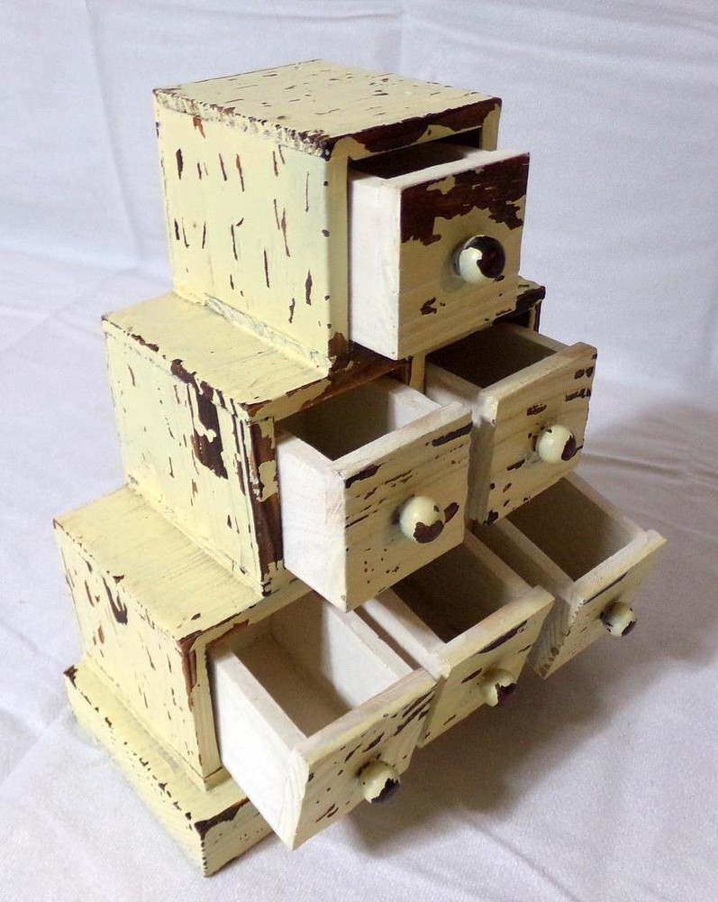 Folk Art Chippy White Paint Wood Storage Stacked Cube Sewing Box
