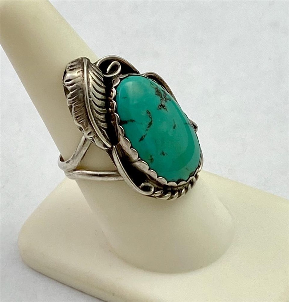 Tom Taylor Sterling Silver T T Feather Design & Turquoise Ring Size 8