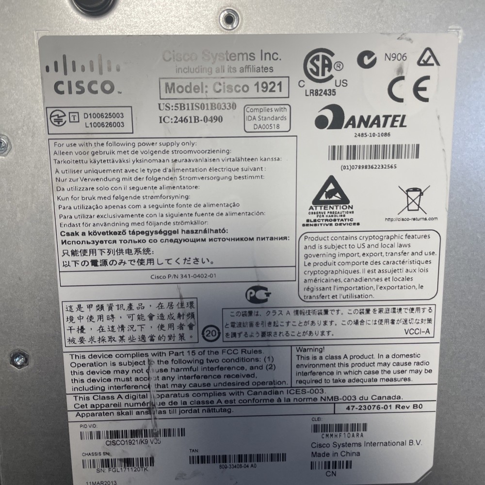Cisco 1921 Integrated Service Router - Tested