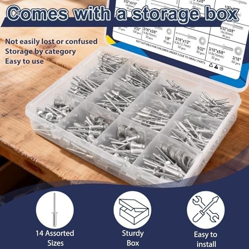 970 Pcs Aluminum Pop Rivets Assortment Kit - 14 Sizes, Silver Blind Rivets Set