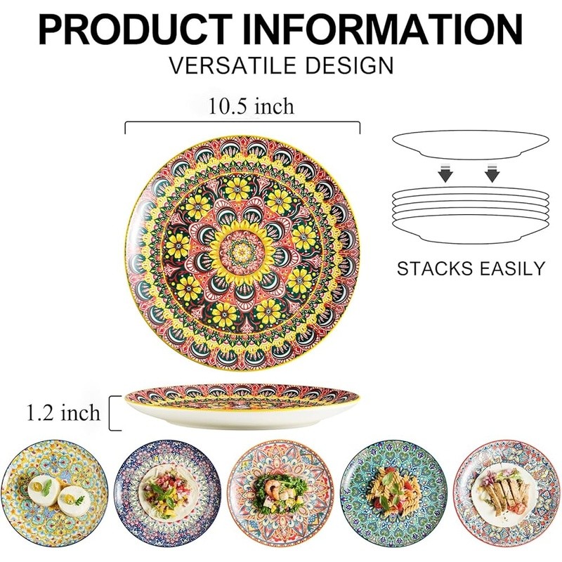 Artistic Bohemian Ceramic Plates Set of 6 Stackable Dishwasher Microwave Safe US