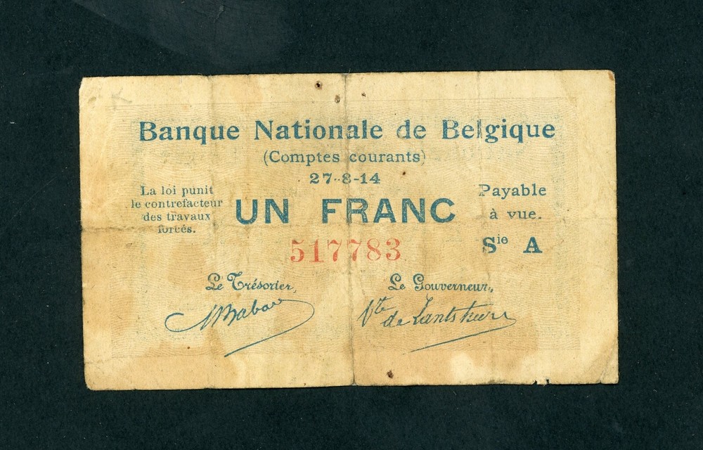 BELGIUM 1 FRANC 1914 PICK # 81 FINE.
