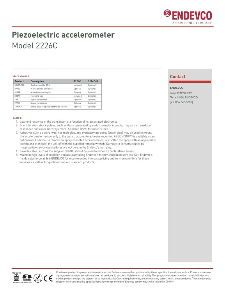Endevco Accelerometer Vibration Test Sensor Model 2226
