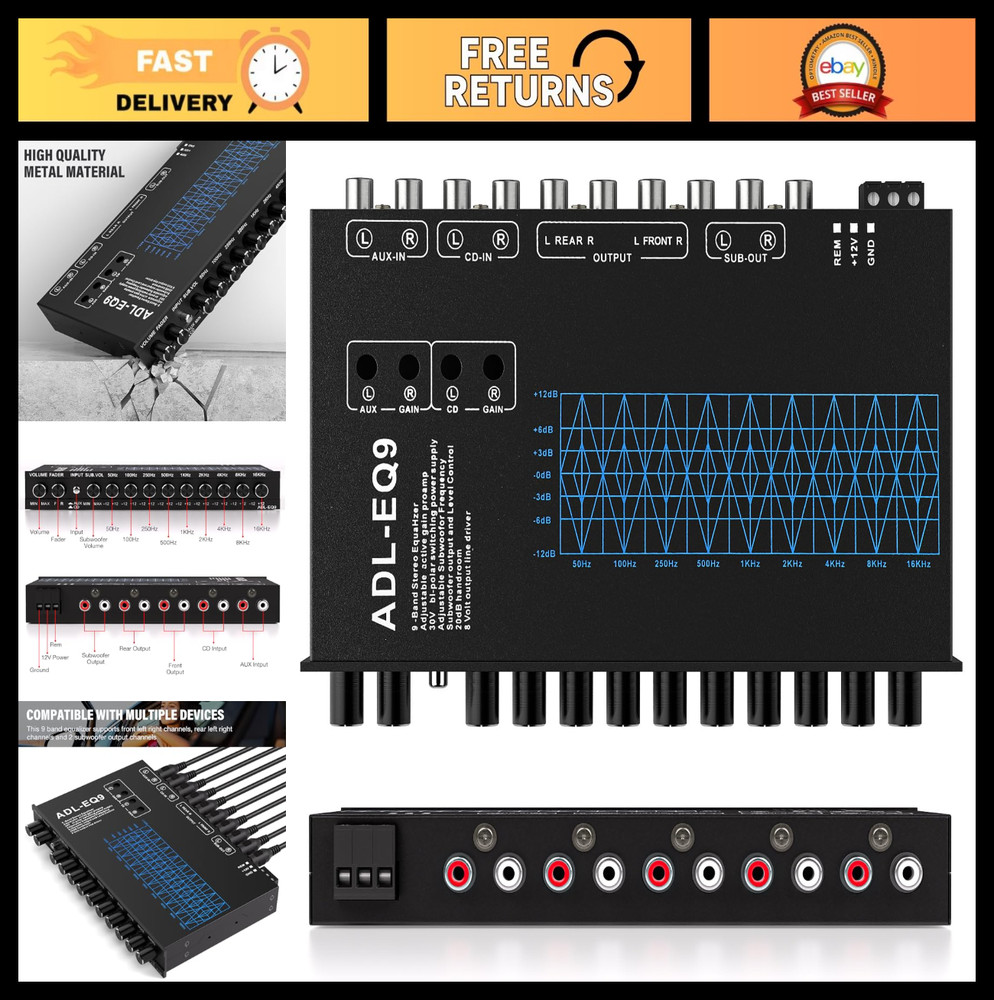 9 Band Car Audio Equalizer - Adjustable EQ with Front, Rear & Sub Outputs, 8V RM