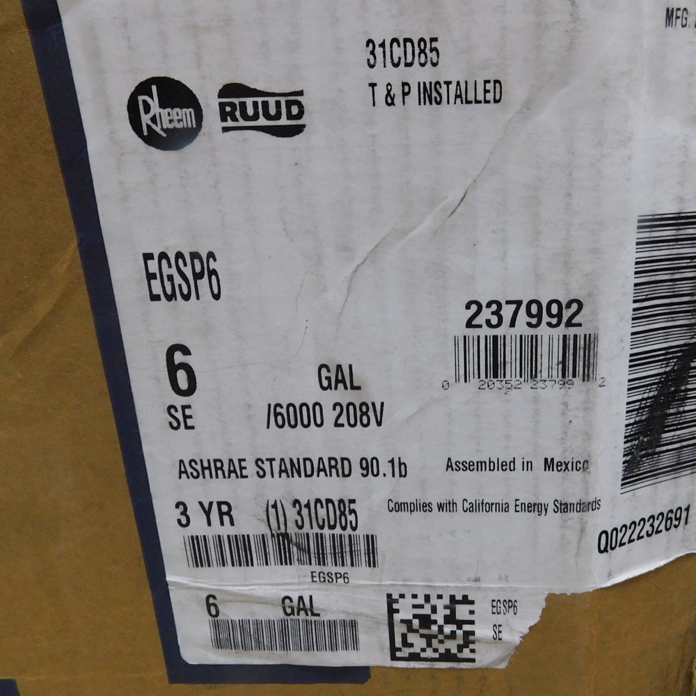 AS/IS NEW Rheem EGSP6 6-Gallon Electric Water Heater 2kW 15.75"D x 15.125"H