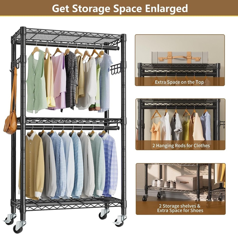 NEW Rolling Clothes Rack 3 Tier Adjustable Wire Shelving Double Rods Hooks