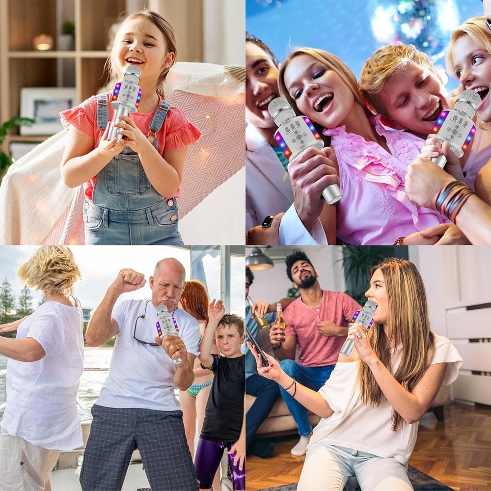 Compact Bluetooth Karaoke Microphone with Colorful LED Lights - Silver Edition