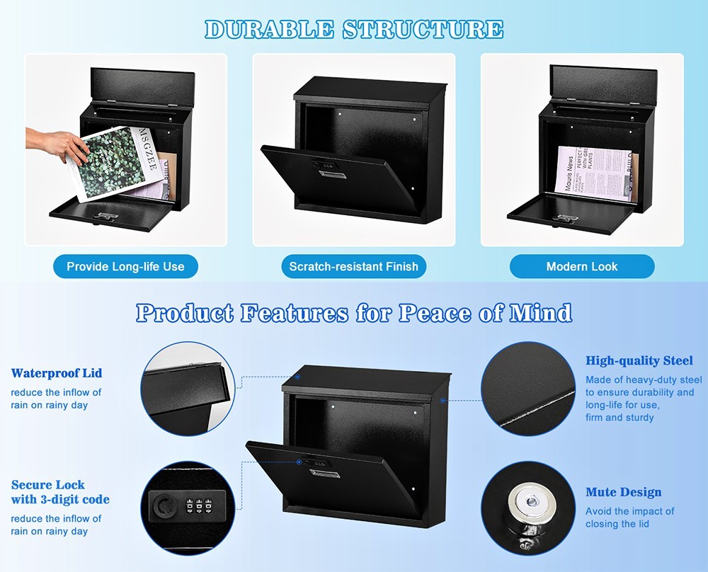 MAIL DELIVERY BOX WITH CODED LOCK WALL MOUNTED SECURITY METAL MAILBOX WITH LID
