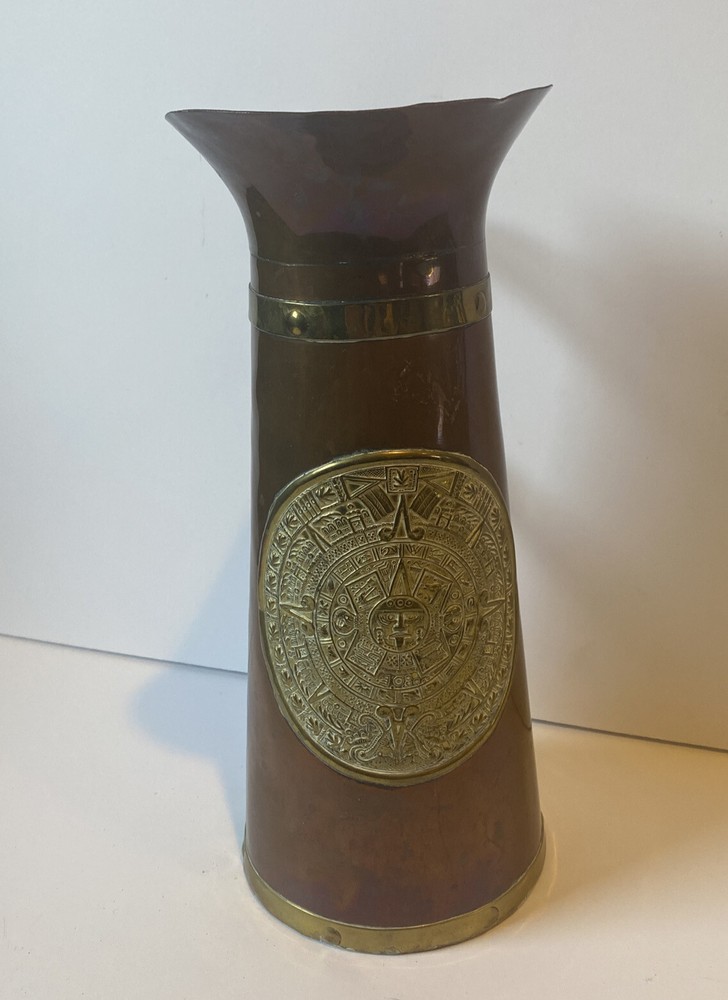 Vintage Mexican Pitcher Aztec Mayan Sun Dial Copper and Brass
